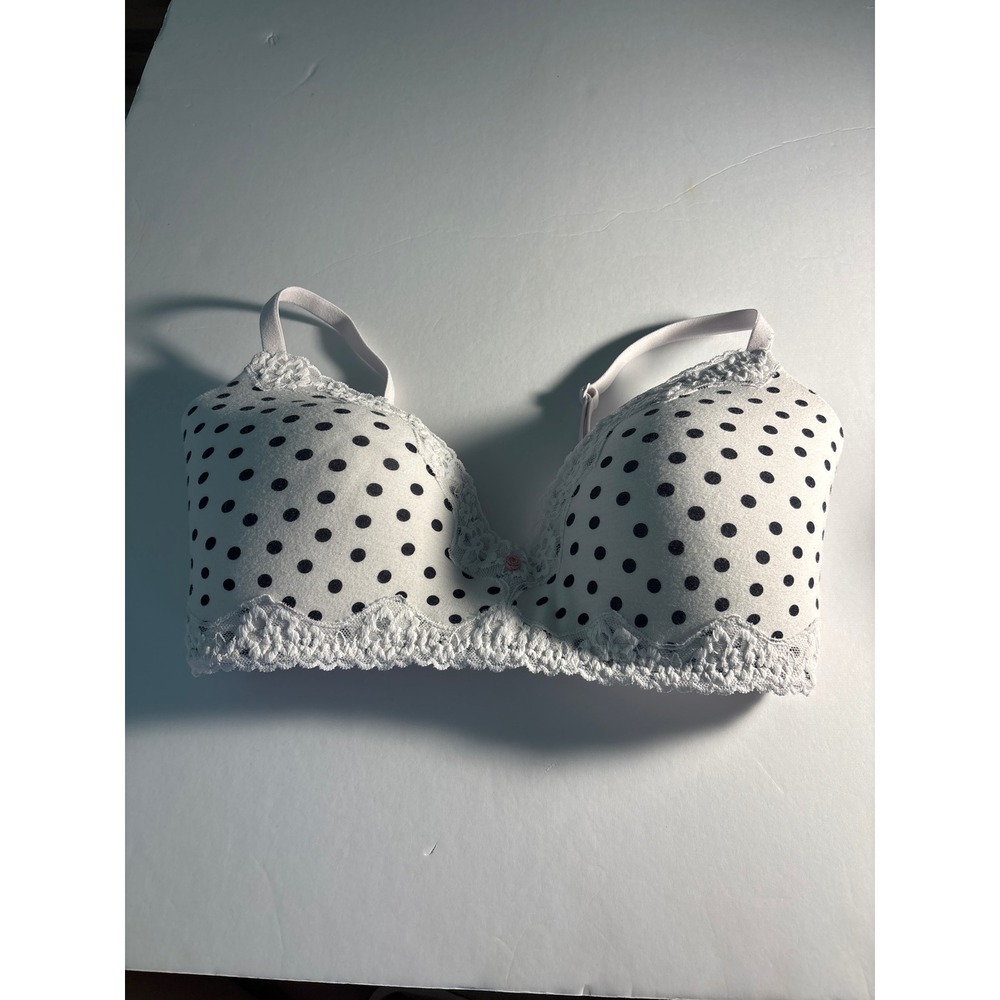 Victoria Secret White Black Polka Dot Lace Trim T-Shirt Bra w/Pink Rosette 34DD